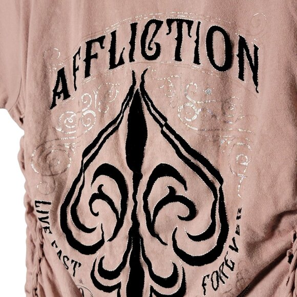 Affliction Womens Alchemy Foiled Velvet Graphic Spellout Braided Sides Shirt Med - Picture 5 of 11